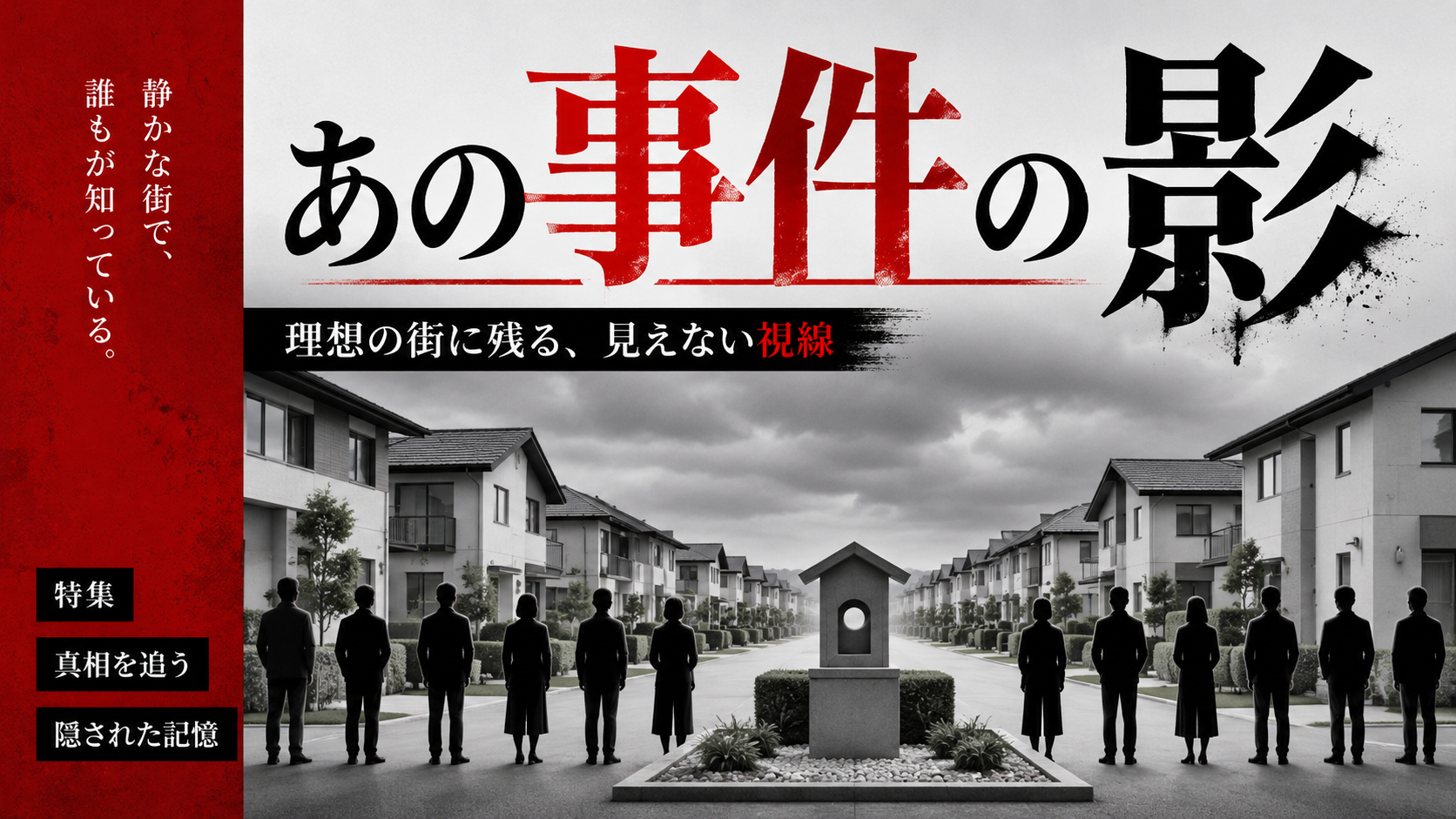 ドラマ『誰かがこの町で』の共同体ホラーをイメージした、美しいが不気味な新興住宅地と祠、無表情な住民シルエットのアイキャッチ画像