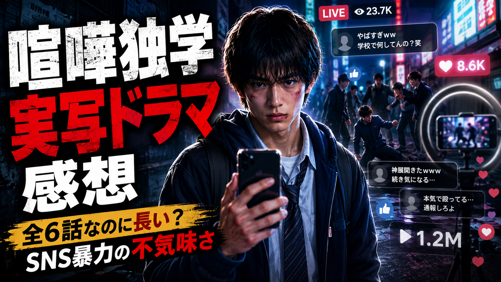 Netflix実写ドラマ『喧嘩独学』の感想記事用アイキャッチ。スマートフォンを手にした男子学生と、SNS配信・コメント・再生数の演出を通じて、喧嘩がネット上のコンテンツ化していく不気味さを表現した画像。