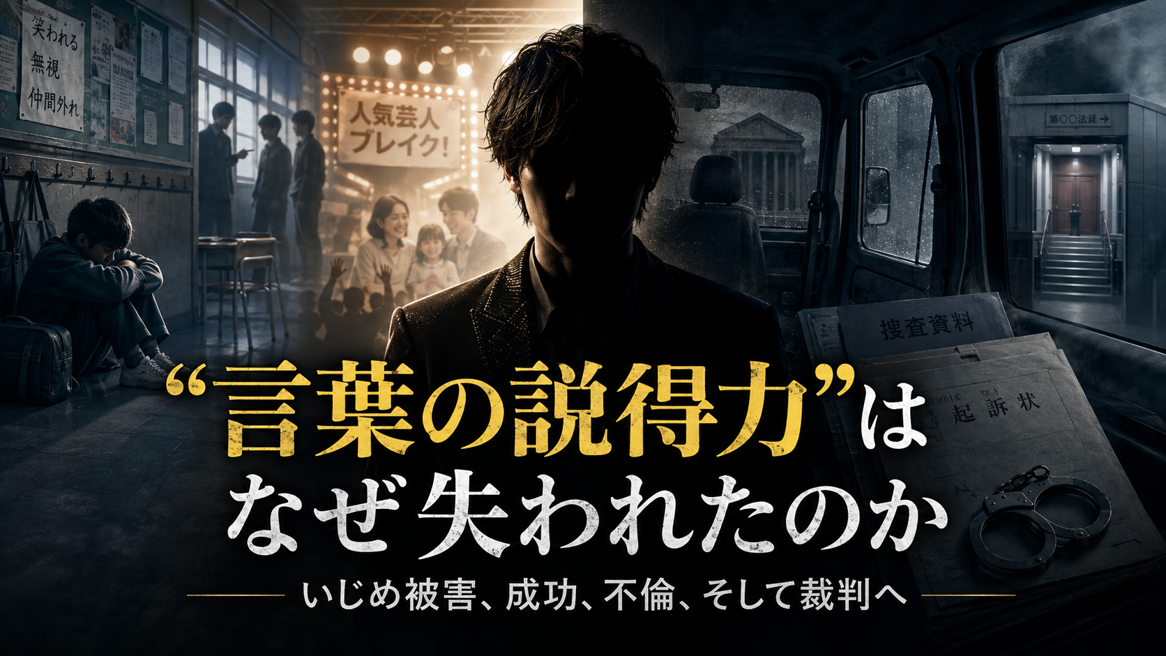 元人気芸人の過去のいじめ被害とロケバスをめぐる刑事裁判の落差を表現したイメージ